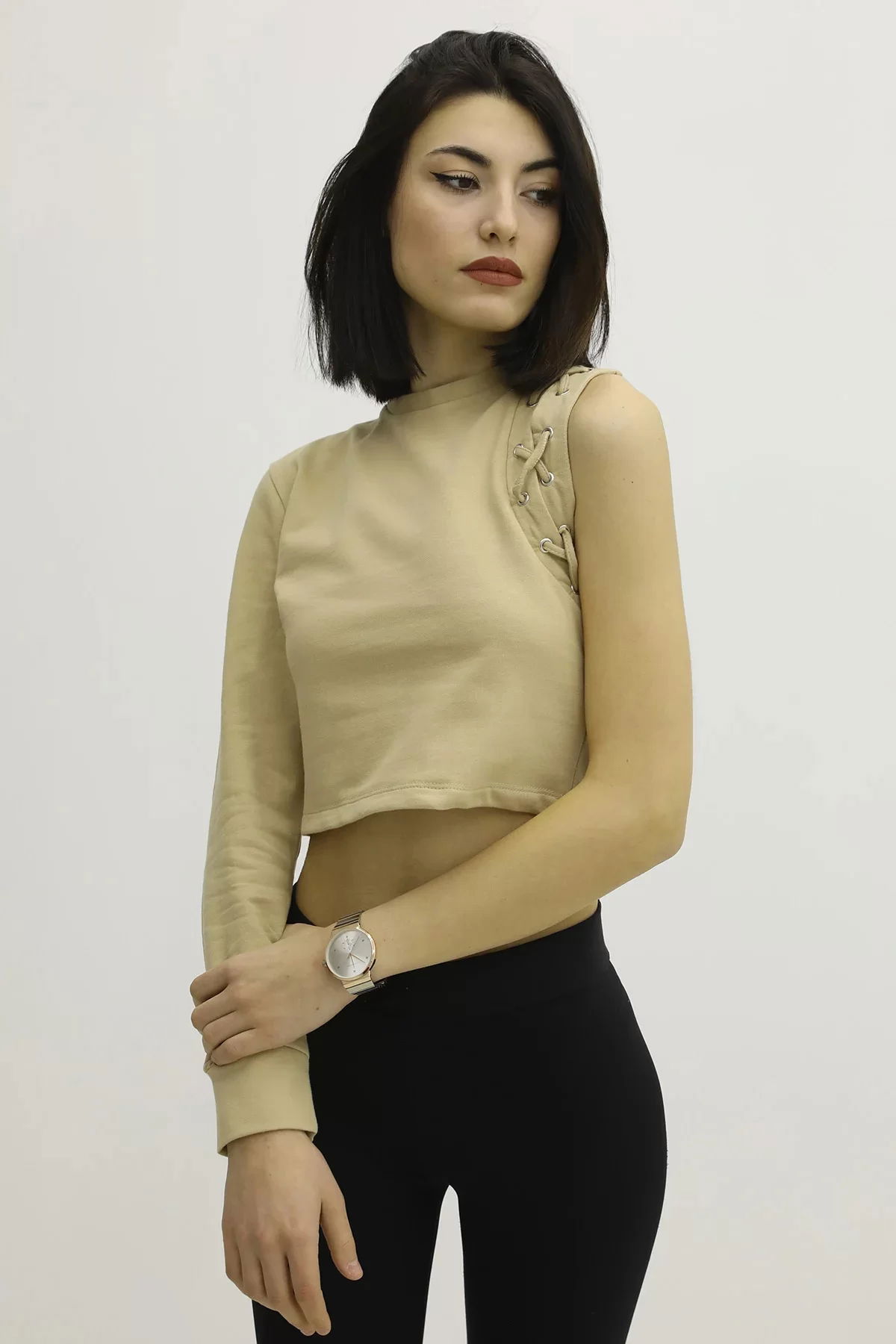 Crew Neck One Sleeve Blouse Mink - P-019678