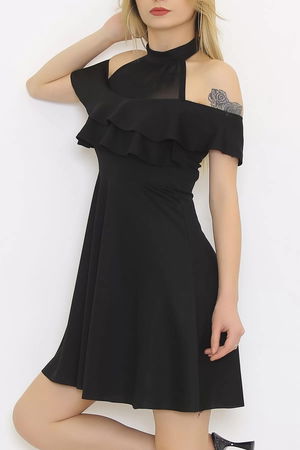 Tulle Collar Ruffle Dress Black - 58838.1592.