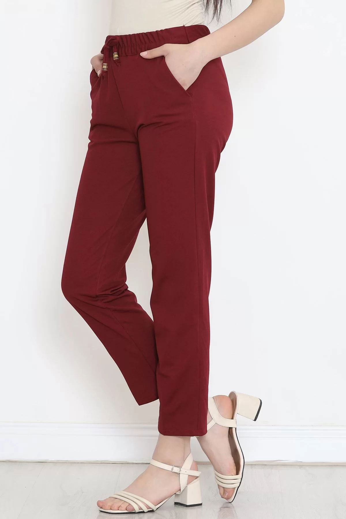 Crepe Lace-up Detailed Pants Burgundy - 152429.1778.