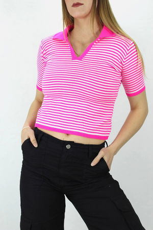 Polo Collar Striped T-Shirt Fuchsia - 140.055