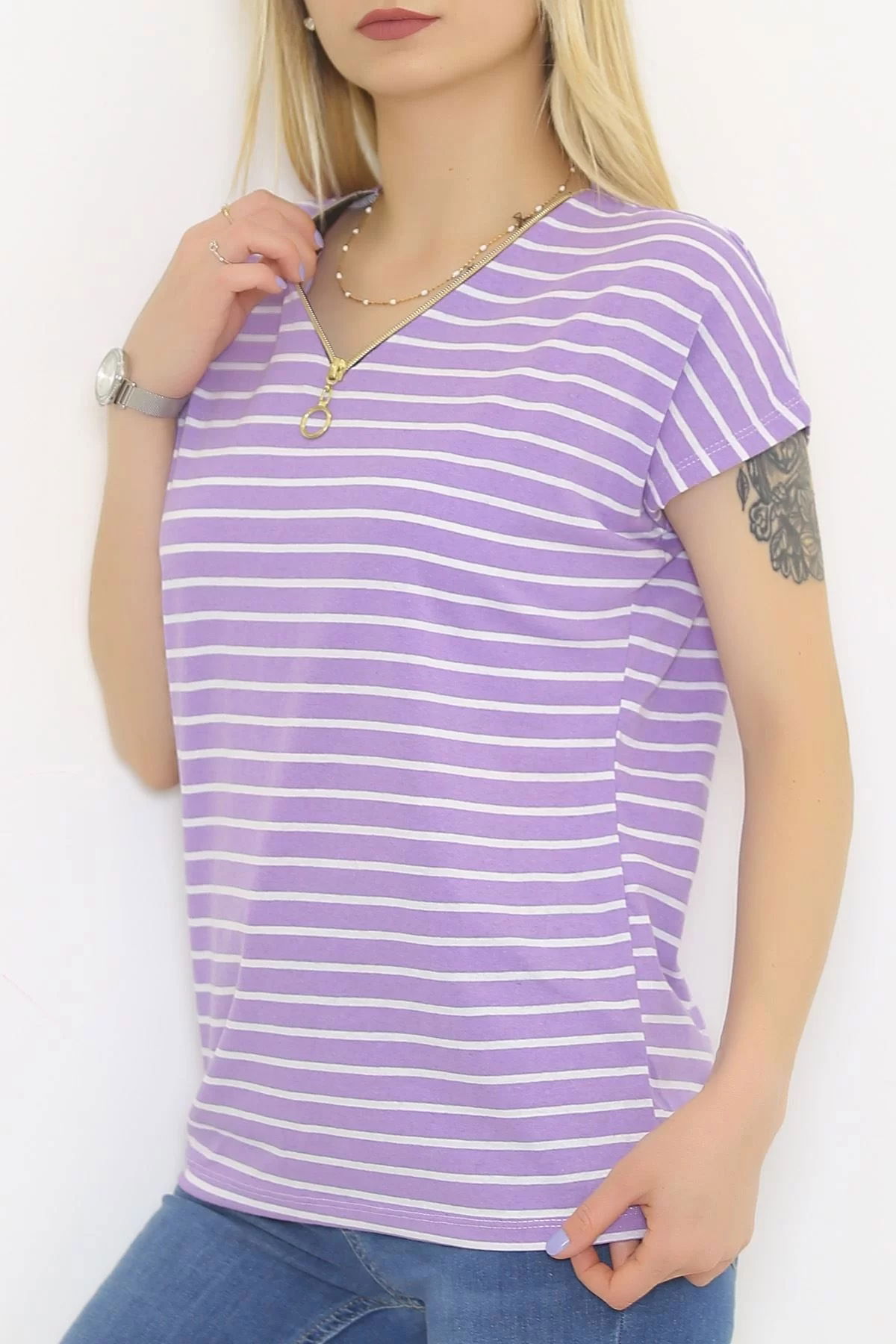 Zippered Striped T-shirt Lilac - 9657.1567.