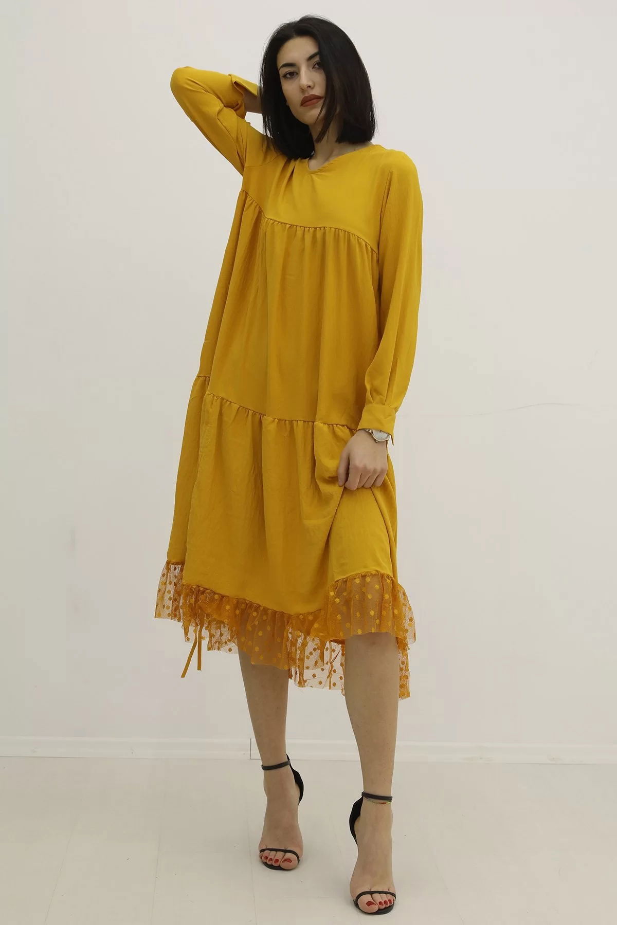 V Neck Tulle Embroidered Dress Mustard - P-019728