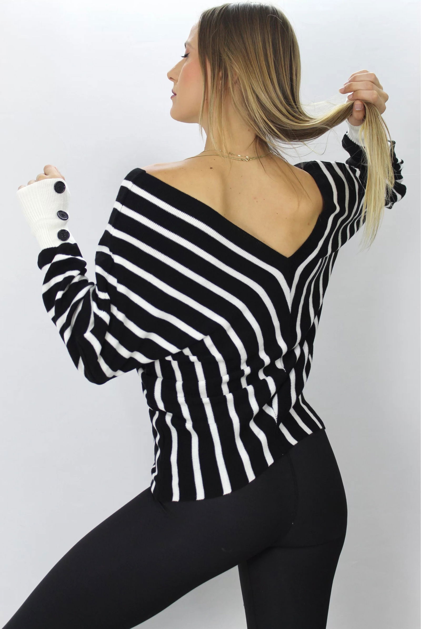 Front Back V-Neck Striped Sweater Black and White - 1197.95