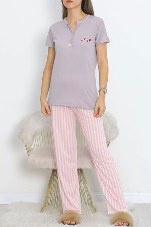 Pear Collar Short Sleeve Pajama Set with Intermediate Piping Pink - 705.1287.