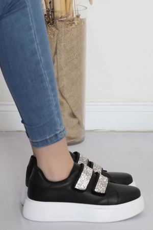 Double Band Stone Detailed Sneakers Black and White - 18217.264.