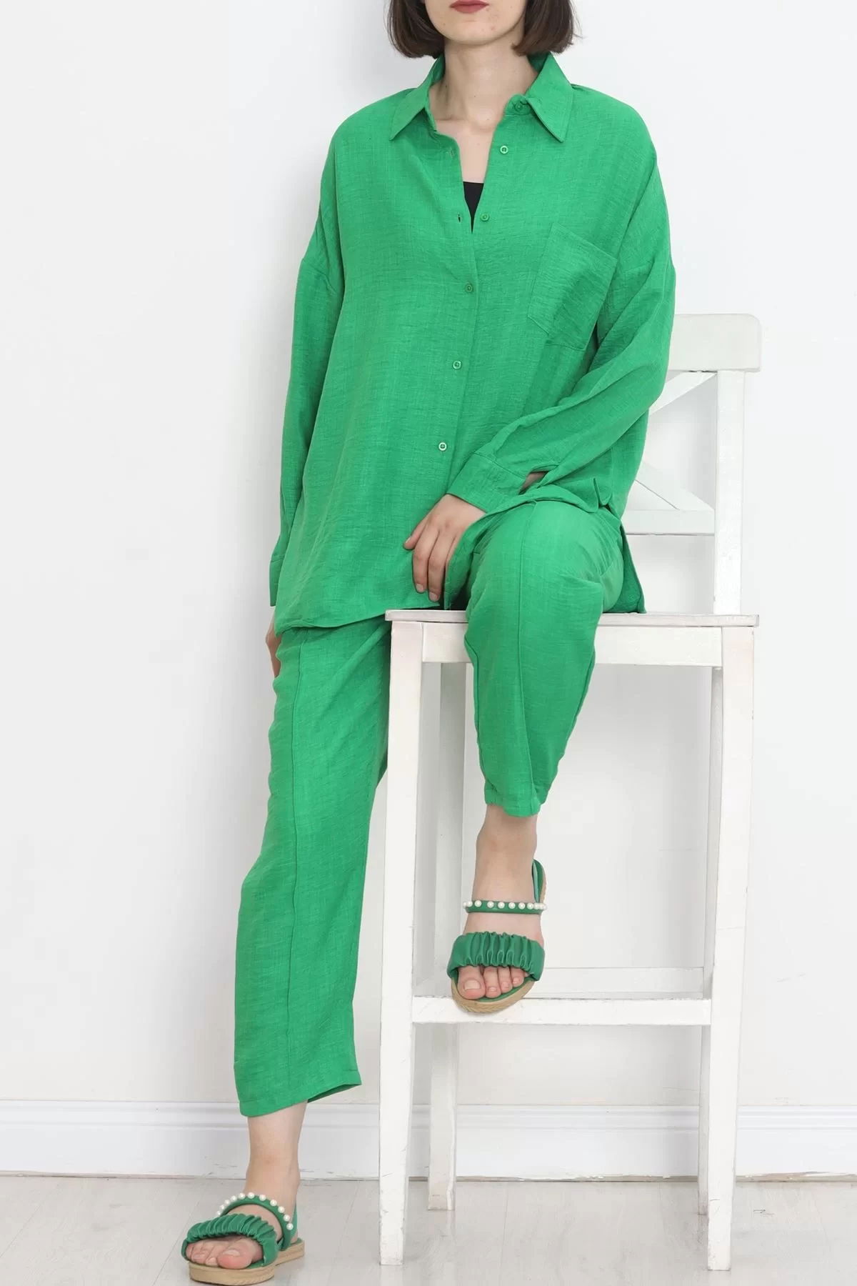 Linen Kimono Suit in Apple Green - 16451.1059.