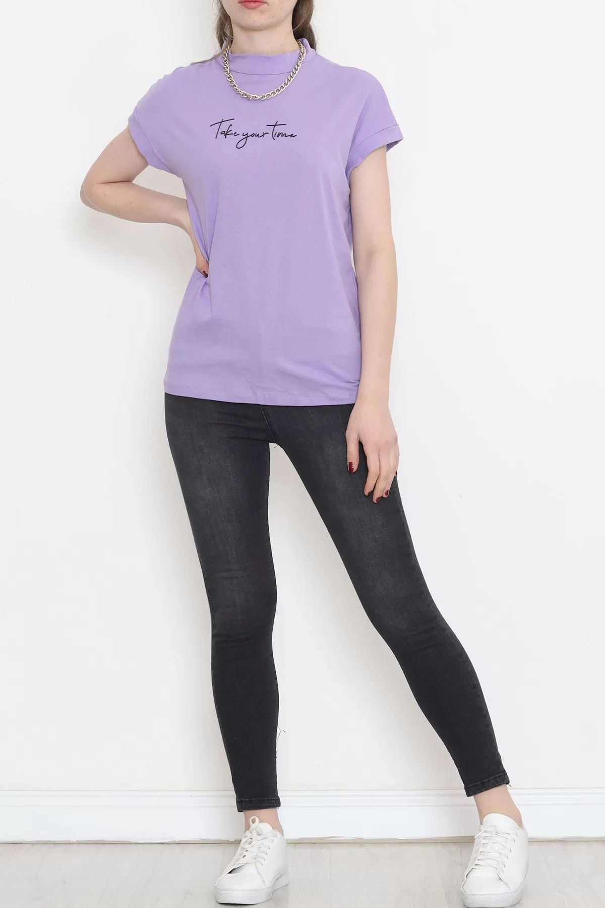 Single Jersey Printed Half Collar T-Shirt Lilac - 4114.1567.