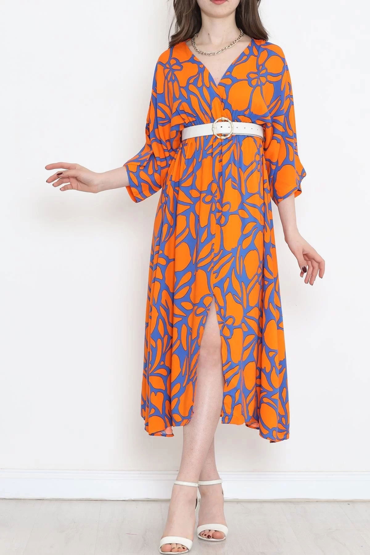 Double-breasted Collar Patterned Dress Orange - 707.1247.