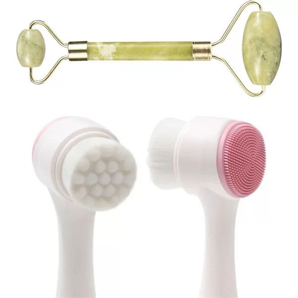 Tufeyo Set of 2 Double Sided Skin Cleansing Brush And Jade Stone Double Sided Skin Massager