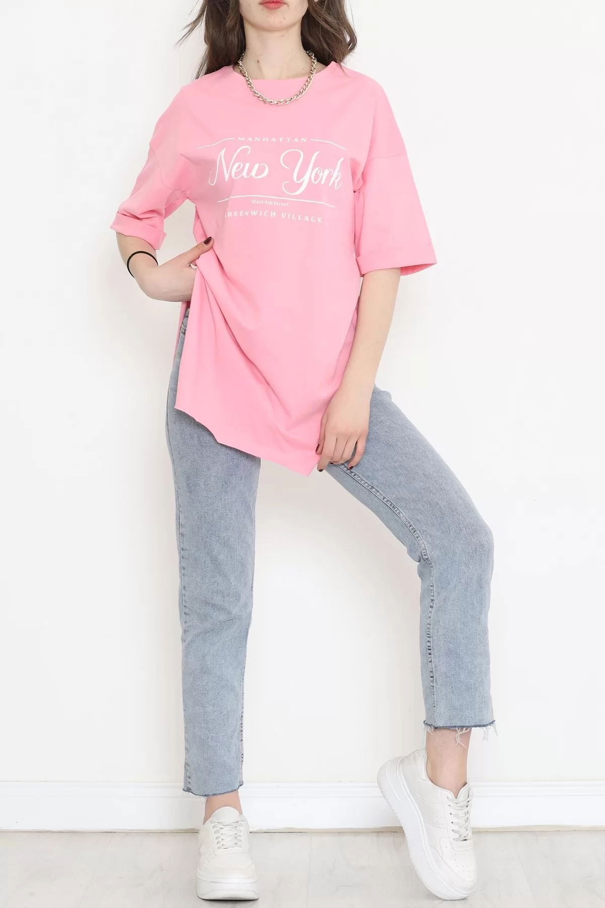 Printed Side Slit T-shirt Pink - 16557.1567.