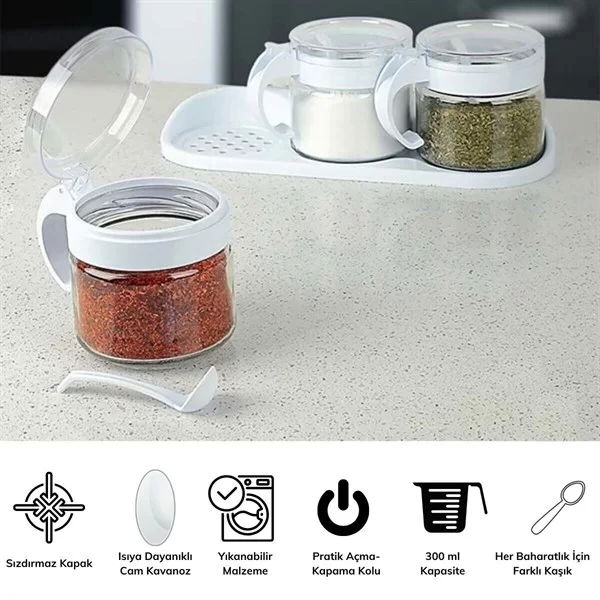 Tufeyo white 3-Piece Standing Glass Airtight Spice Rack Set with Lid and Spoon Kc-386