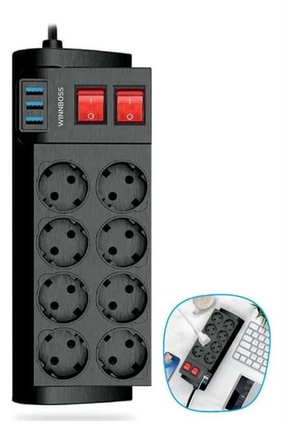 Tufeyo Heat Resistant Thermal Current Protected 2 Meter 16a 4000w 8 Socket Outlet And 3 Usb Extension Cable