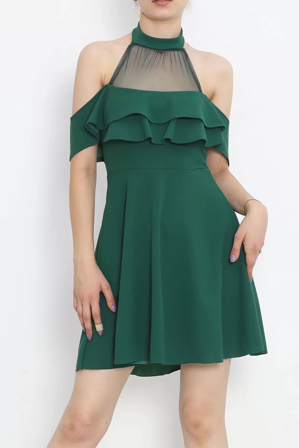 Tulle Collar Ruffle Dress Dark Green - 58838.1592.