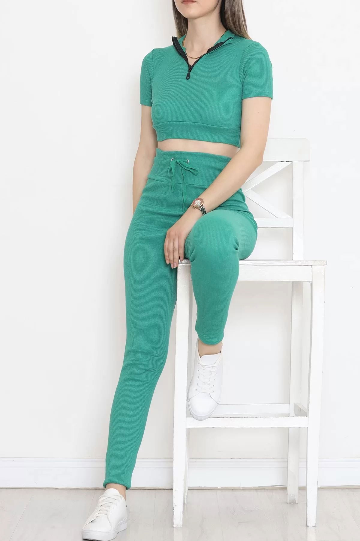 Camisole Zippered Short Sleeve Set Green - 18517.1567.