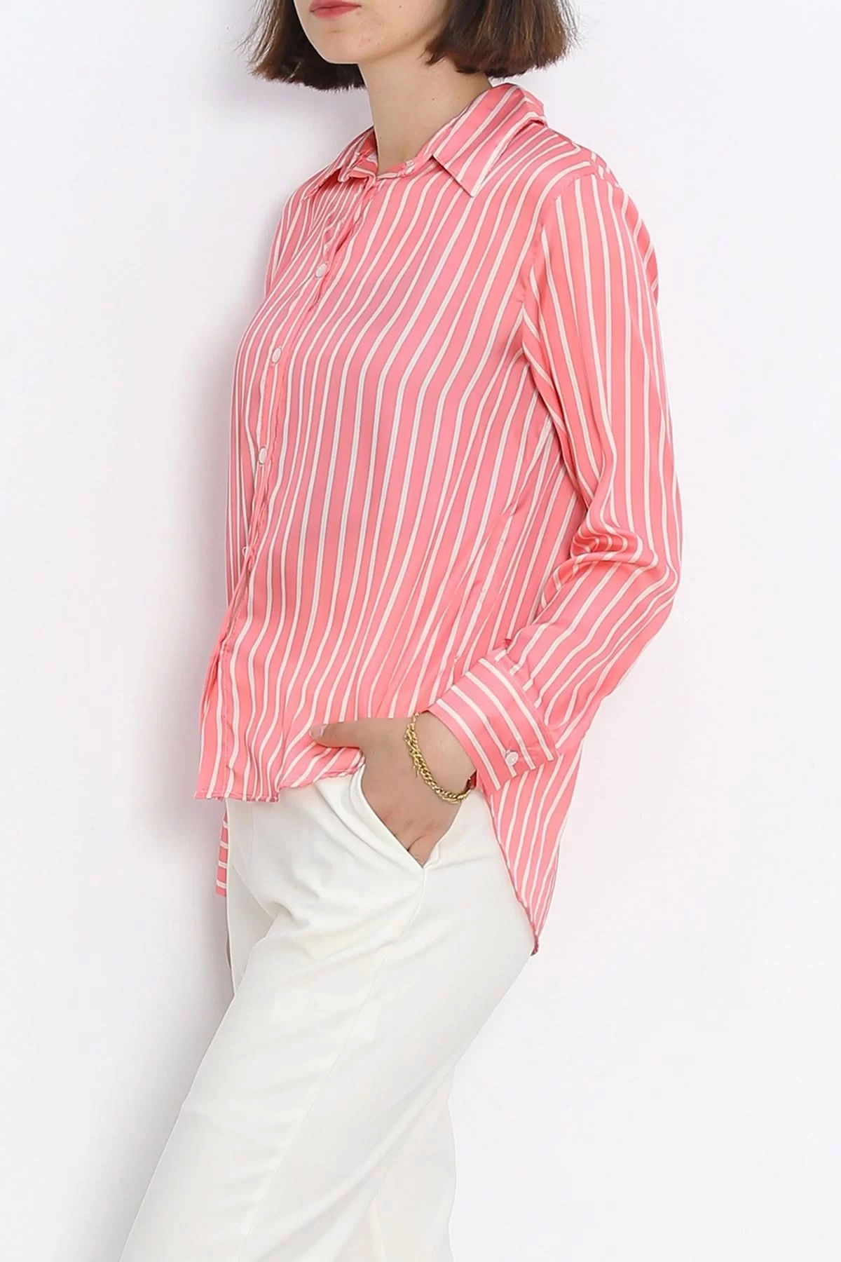 Striped Satin Shirt Pink-White - 18889.1247.