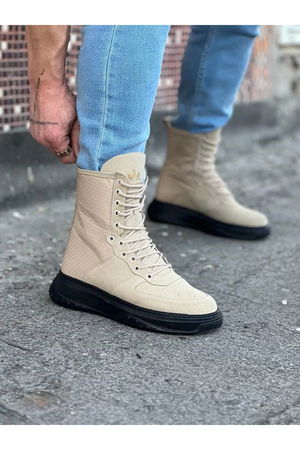 Wg012 Beige Charcoal Suede Long Lace-up Boots