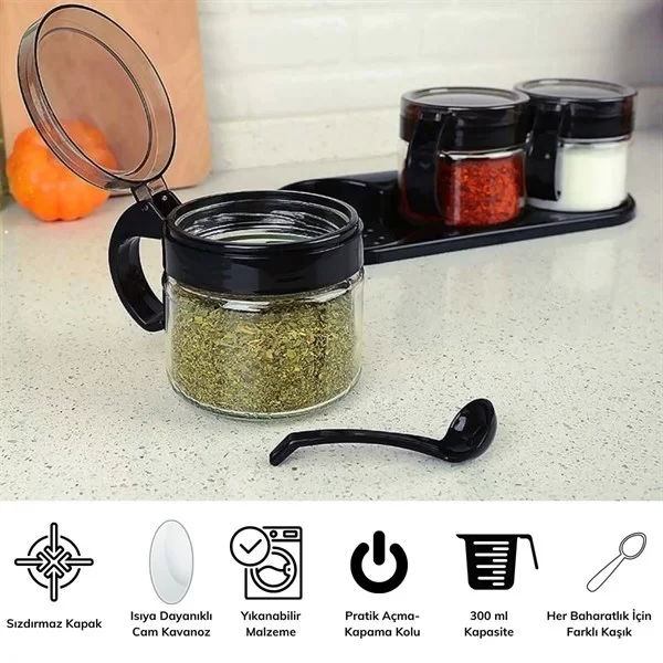 Tufeyo black 3-Piece Standing Glass Airtight Spice Rack Set with Lid and Spoon Kc-386