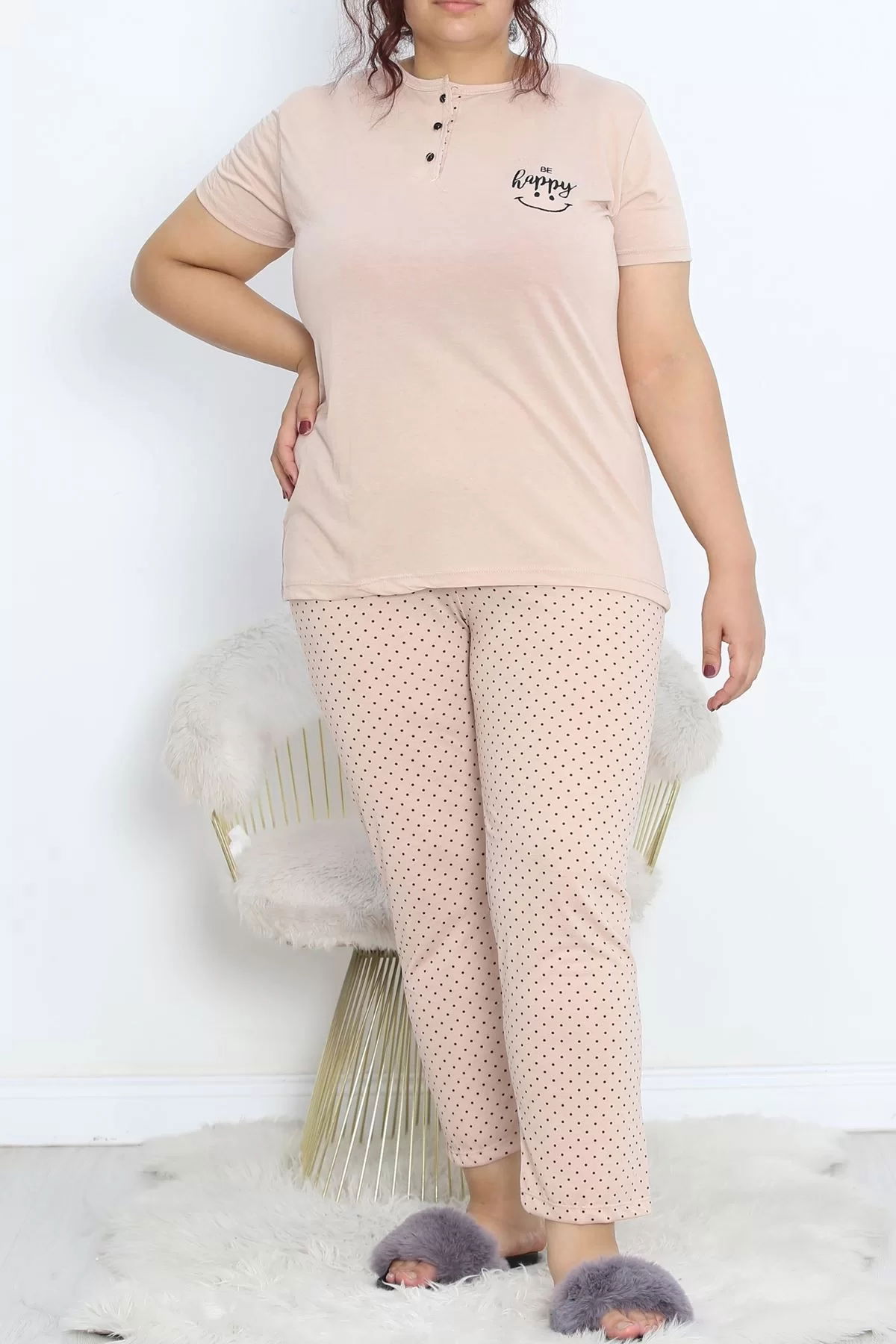 Battal Patlı Polyviscose Pajama Set Beige Black - 711.1287.