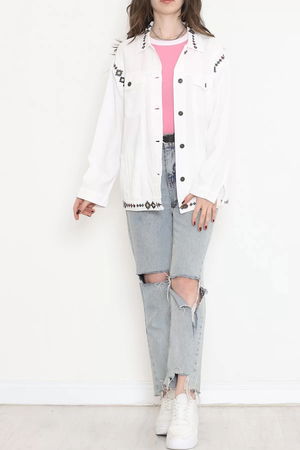 Ethnic Patterned Denim Jacket White - 2454.1367.