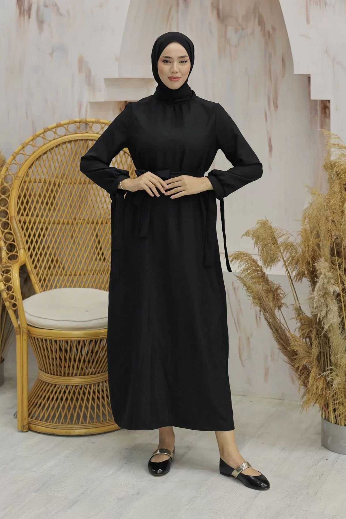 Linen Dress with Sleeve Ties Black - 20346.1778.