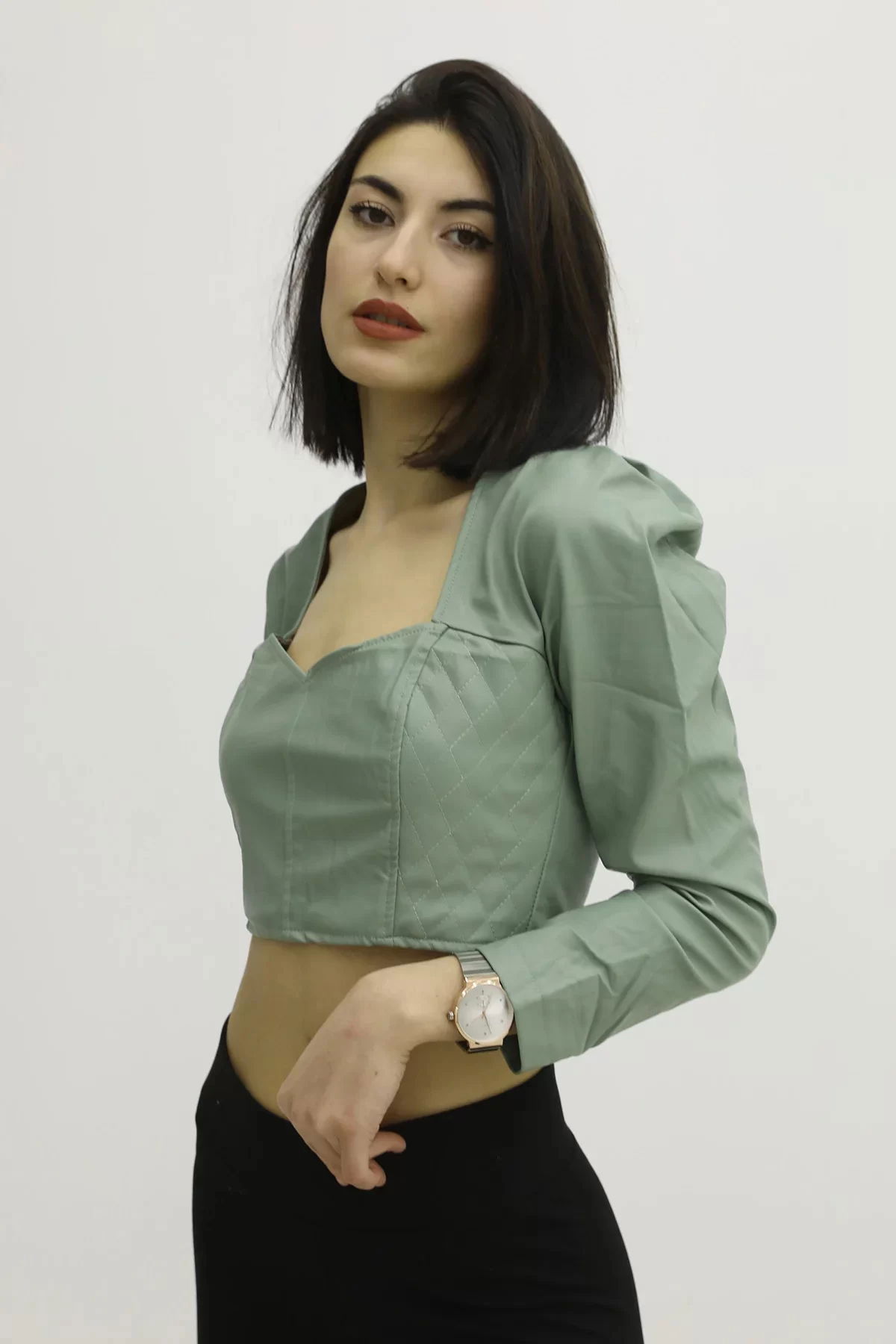 Low-cut Leather Blouse with Elasticized Back - Green - P-019690