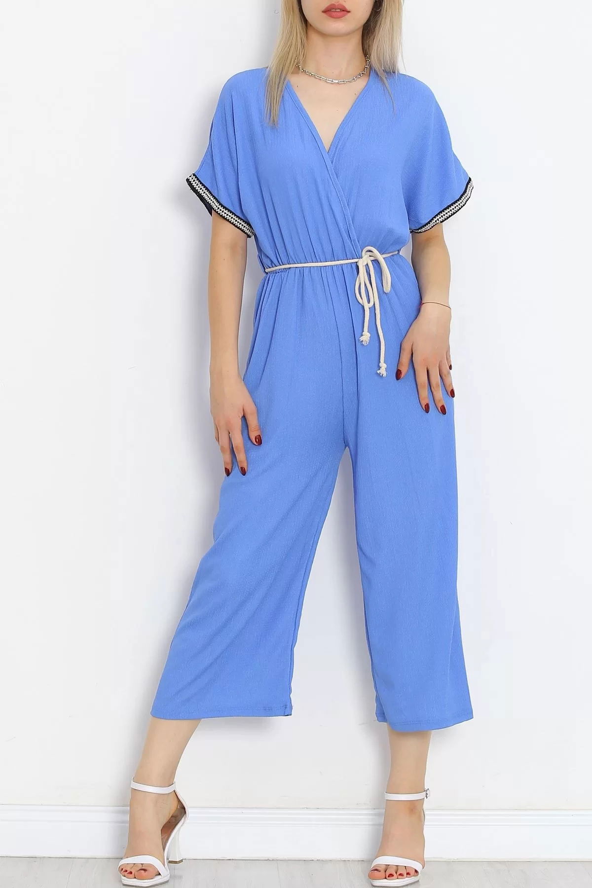 Knit Belt Burlap Jumpsuit Blue - 10007.1567.