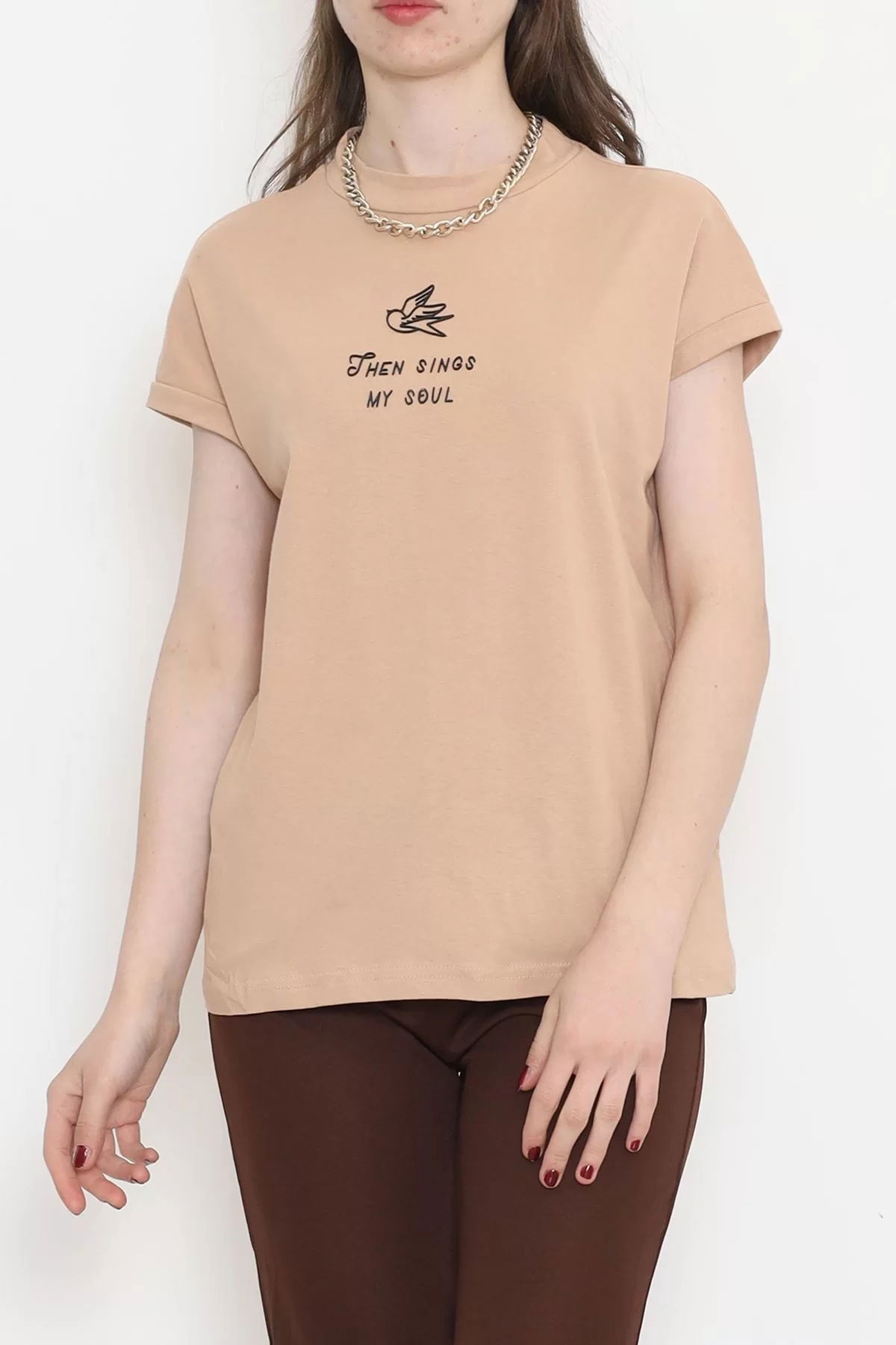 Single Jersey Printed Half Collar T-Shirt Beige - 4113.1567.