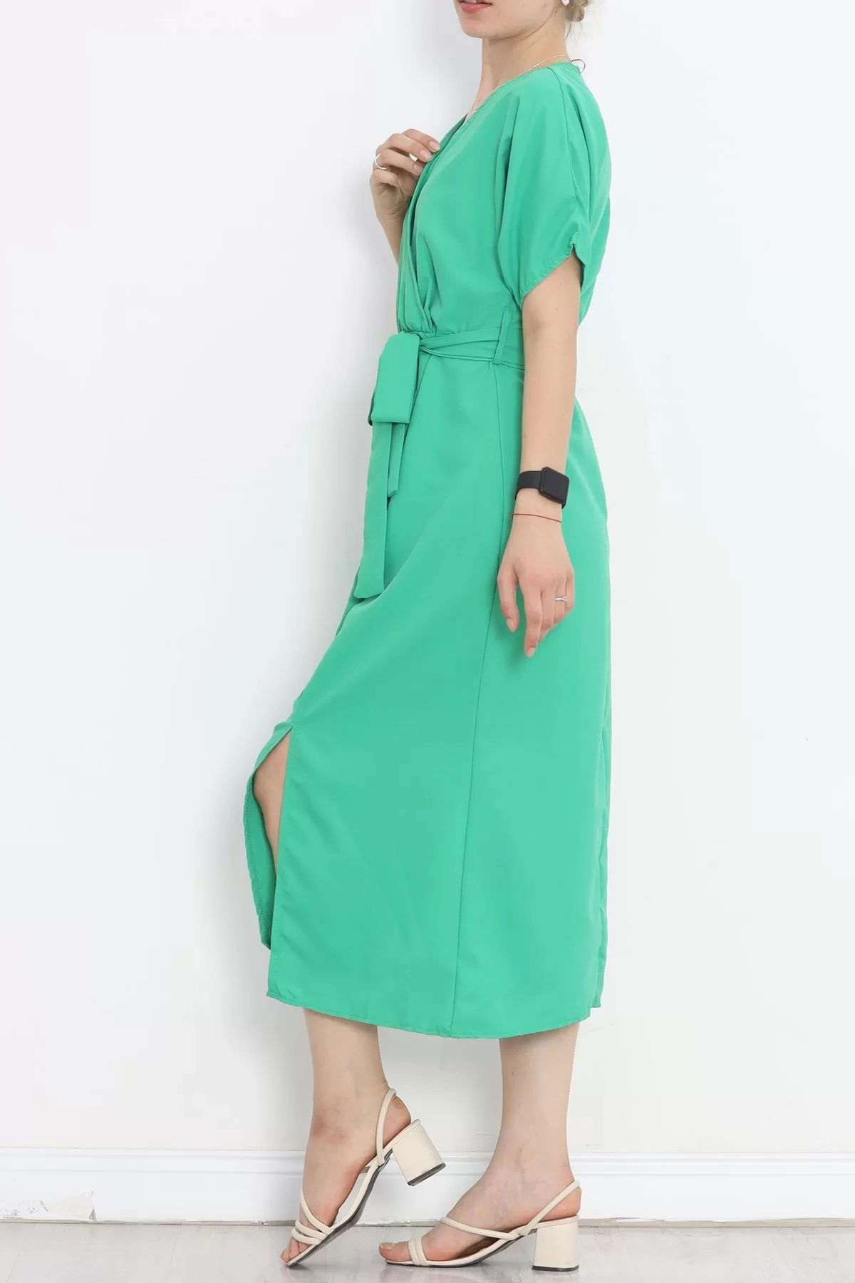 Double-breasted Collar Belted Dress Green1 - 152445.701.