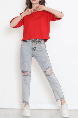 Crew Neck T-shirt with Pockets Red - 16563.1567.