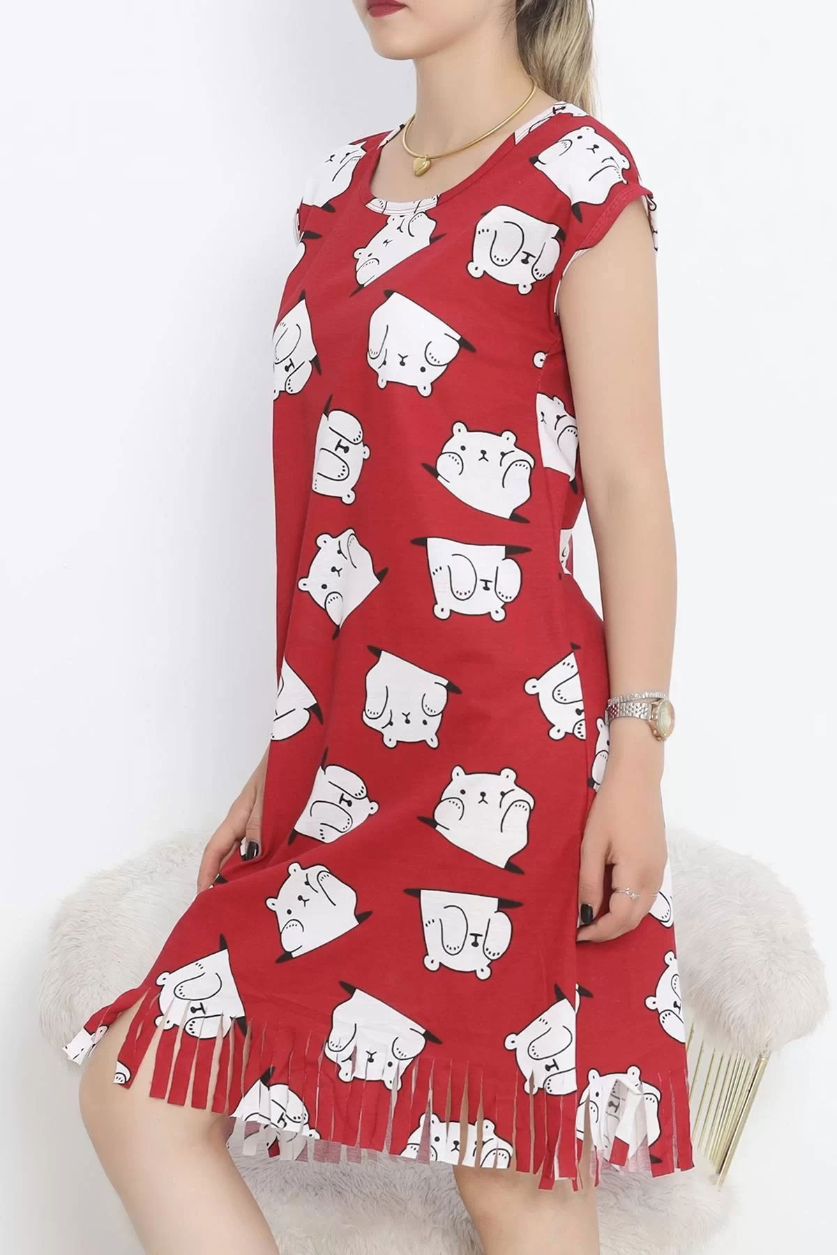 Printed Rotation Tasseled Dress Red and White - 263.1287.