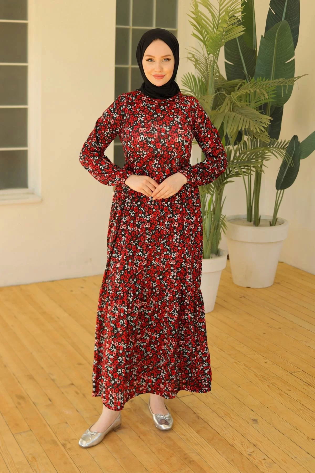 Patterned Lycra Knitted Dress BlackRed - 20390.1778.