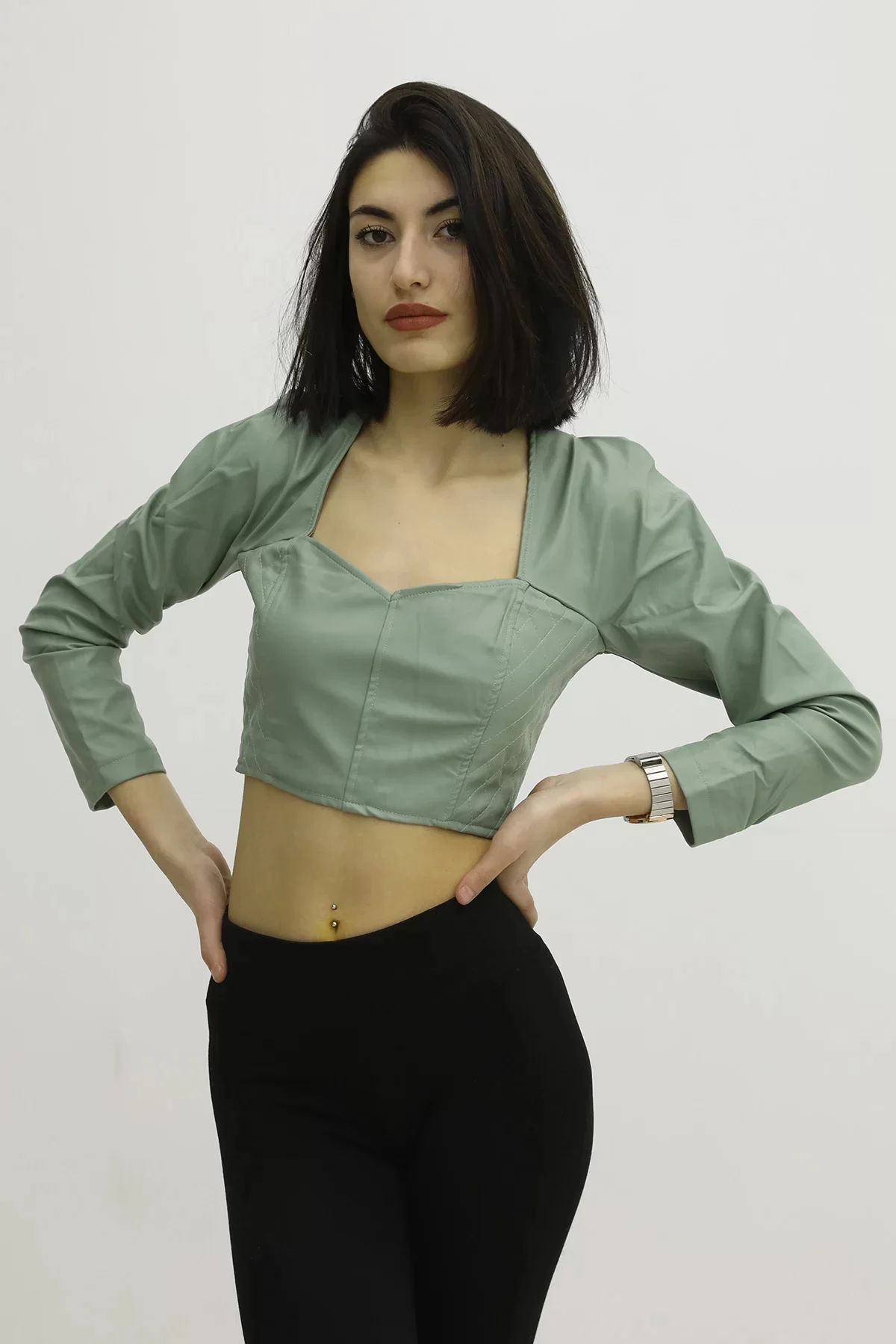 Low-cut Leather Blouse with Elasticized Back - Green - P-019690