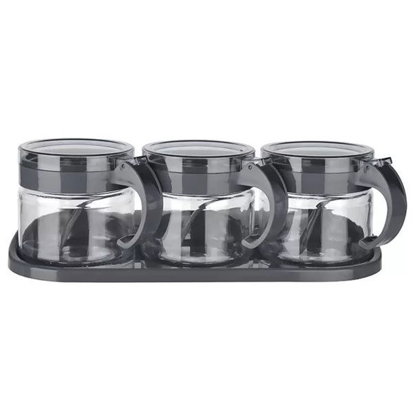 Tufeyo gray 3-Piece Standing Glass Airtight Spice Rack Set with Lid and Spoon Kc-386