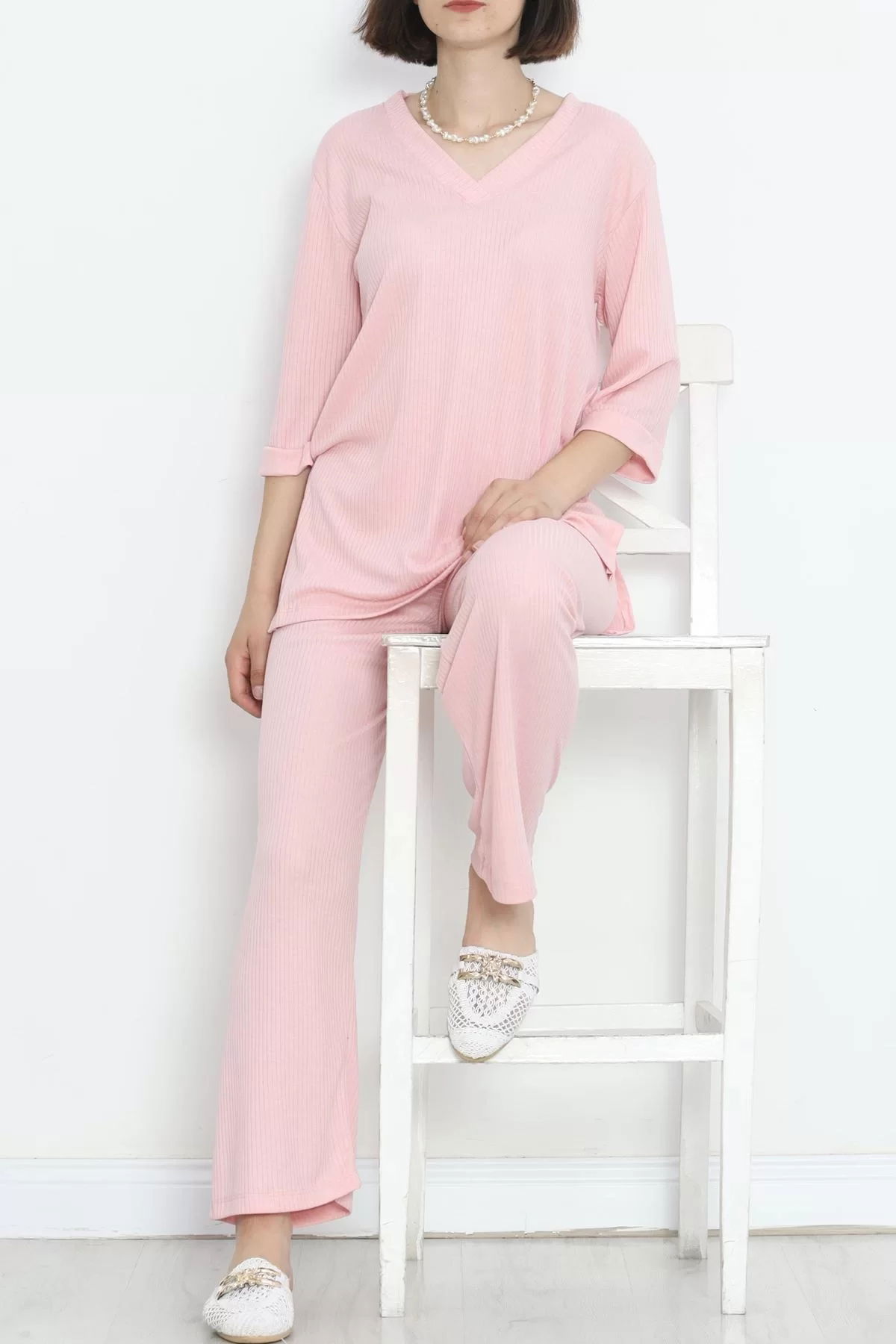 Fitted V-Neck Polyviscose Suit Pink - 903.1287.