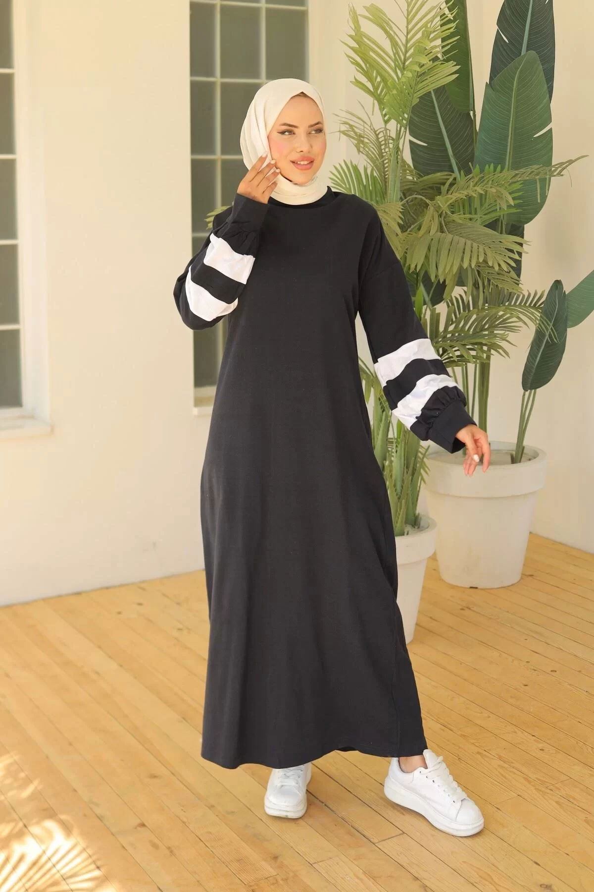 Two Thread Striped Balloon Sleeve Dress Navy Blue - 20345.1778.