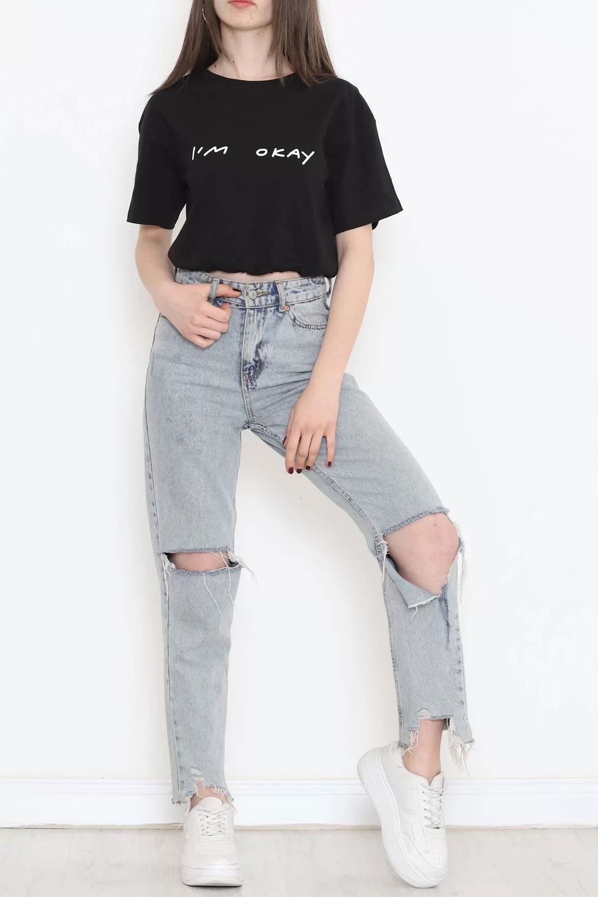 Crop T-shirt with Elastic Waistband Black - 16550.1567.