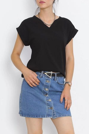 Pear Neck Double Sleeve T-Shirt Black - 15873.1567.