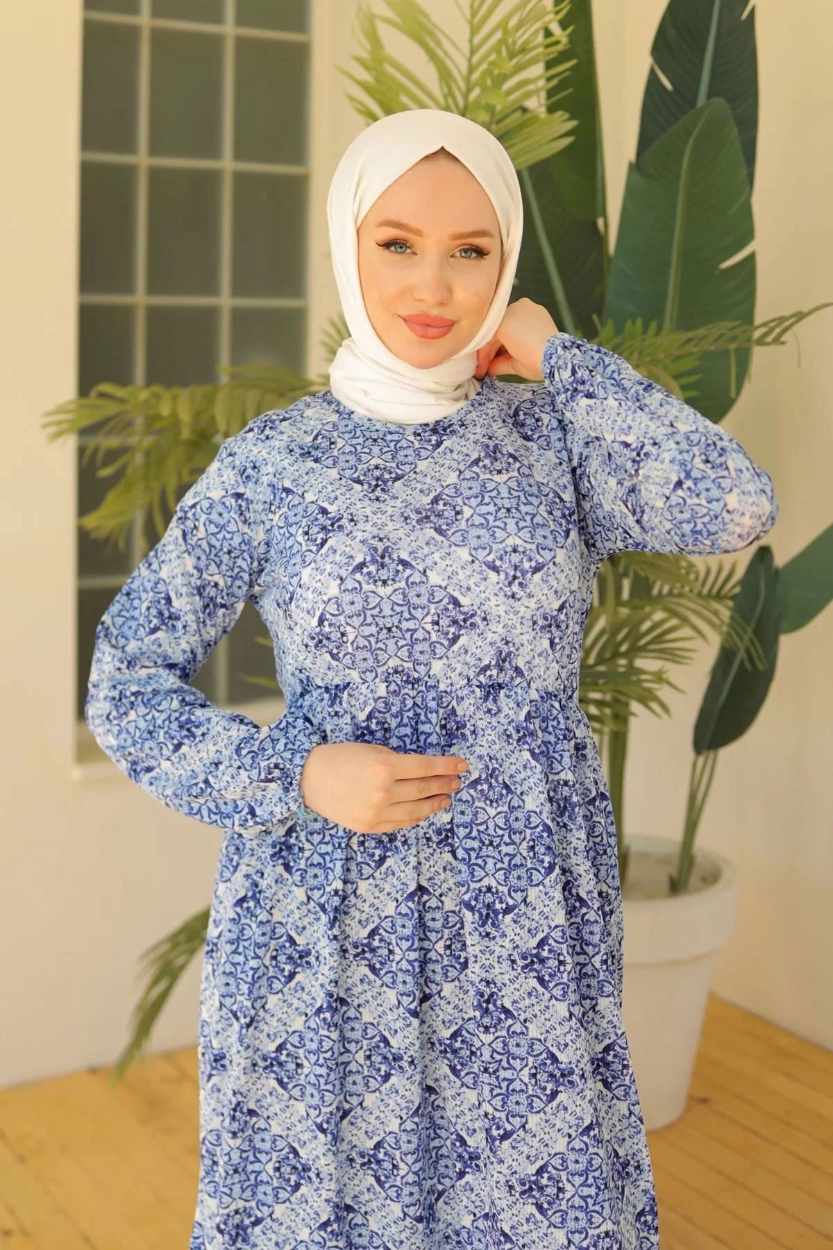 Patterned Lycra Knitted Dress in Blue - 20390.1778.