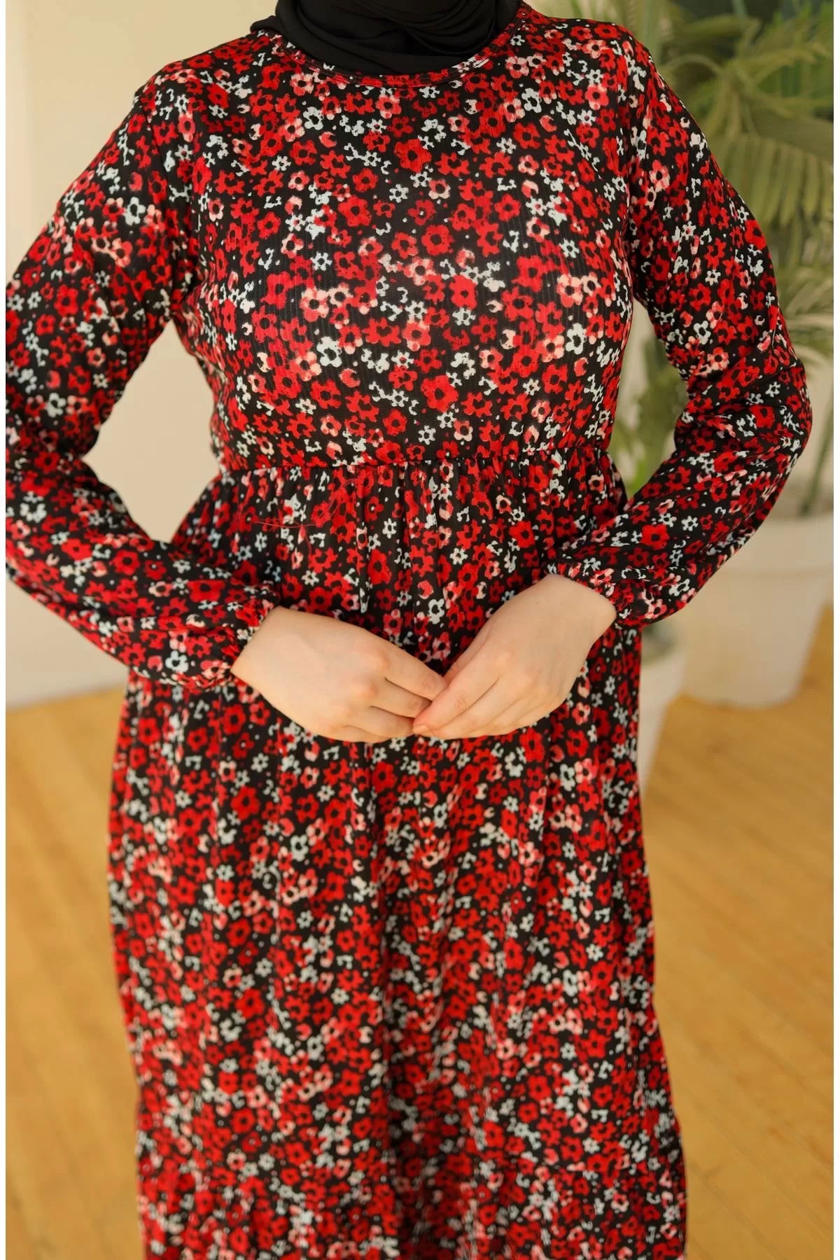 Patterned Lycra Knitted Dress BlackRed - 20390.1778.