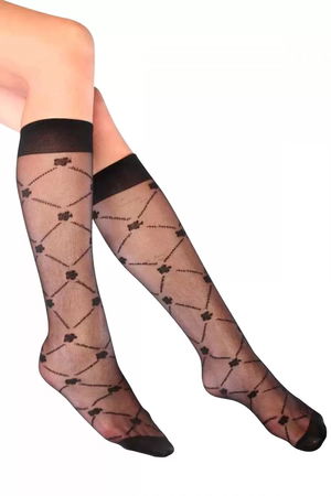 Hyacinth Patterned Knee High Women's Socks Black - Lks0309.