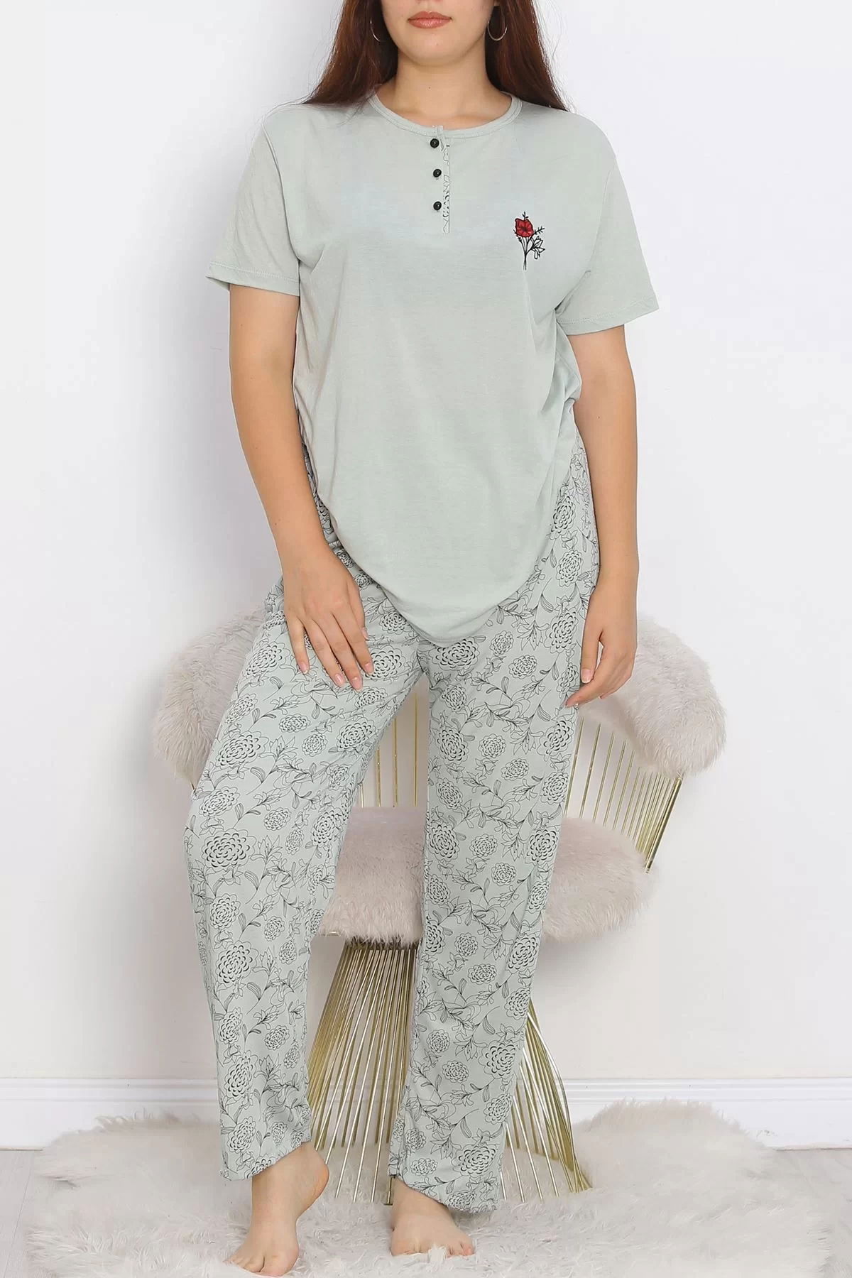 Battal Patlı Polyviscose Pajama Set Mint Red - 711.1287.