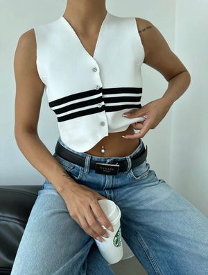 Striped Tricot Crop Vest Blouse Ecru - 1467.100