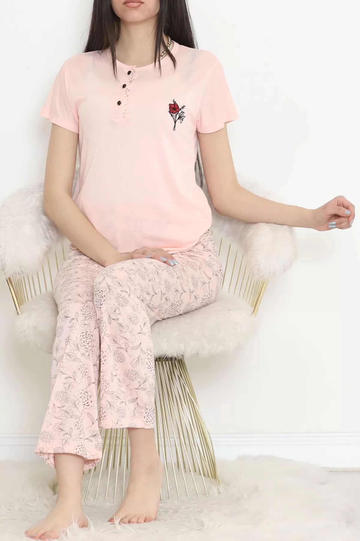 Button Pajama Set Açıksomon - 704.1287.