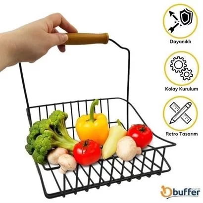 Tufeyo Retro Wrought Iron Hanging Organizer Kitchen Basket with Black Wooden Handles