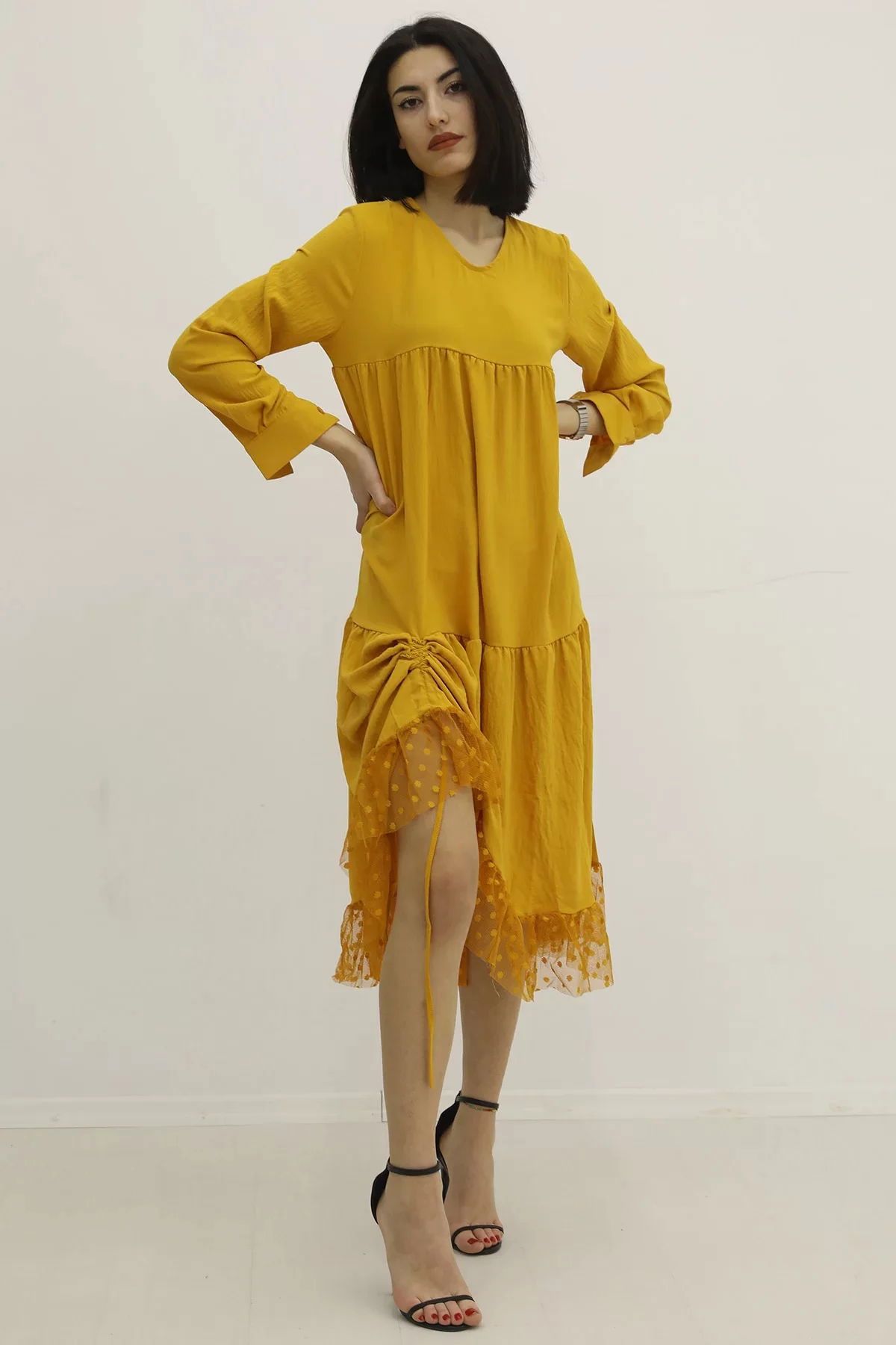 V Neck Tulle Embroidered Dress Mustard - P-019728