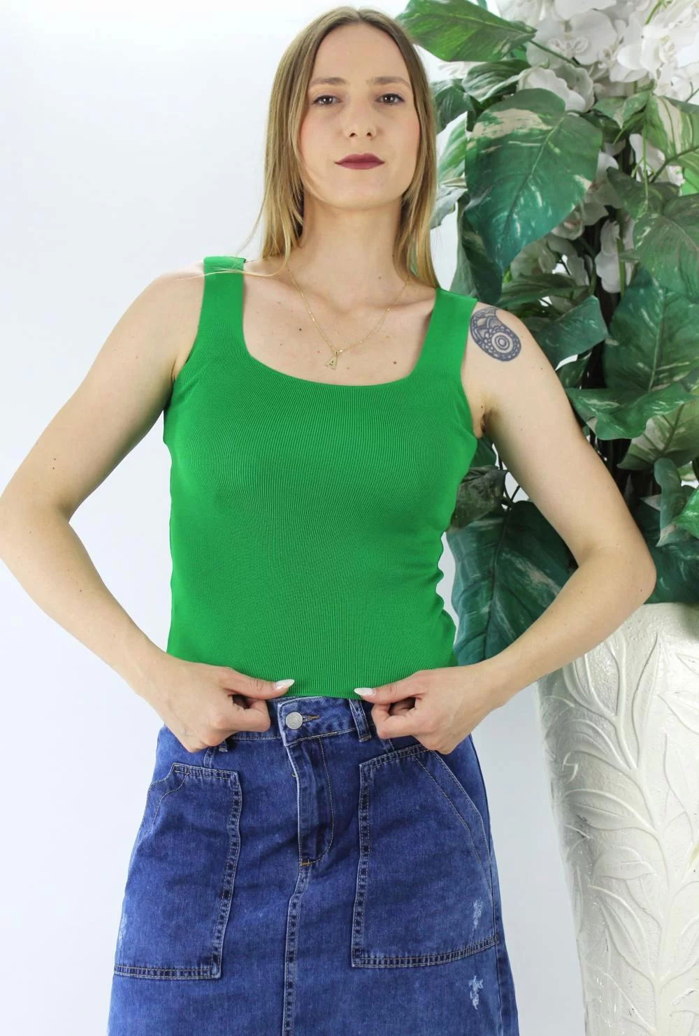 Square Neck Sweater Tank Dark Green - Lks1230.28