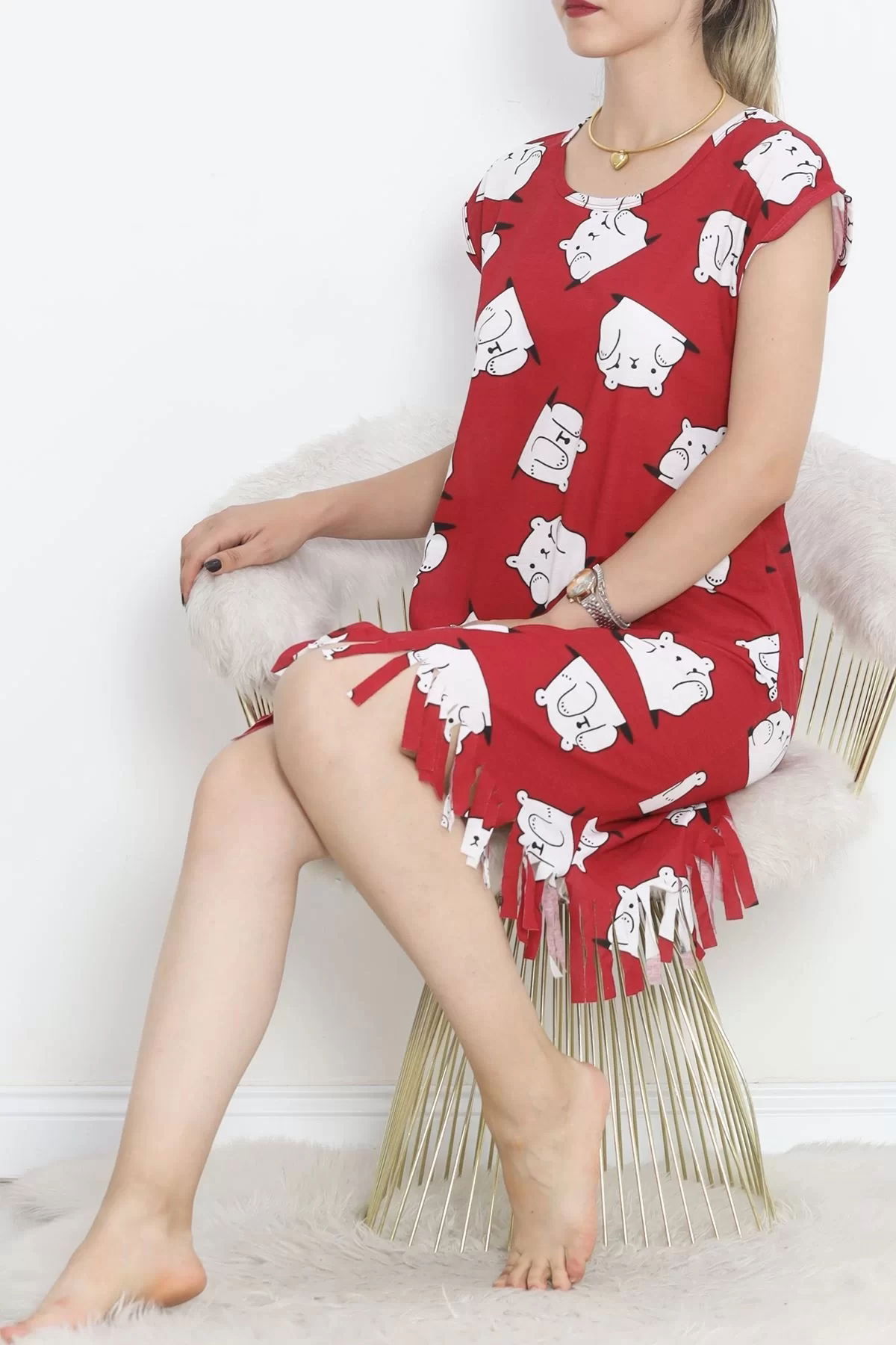 Printed Rotation Tasseled Dress Red and White - 263.1287.