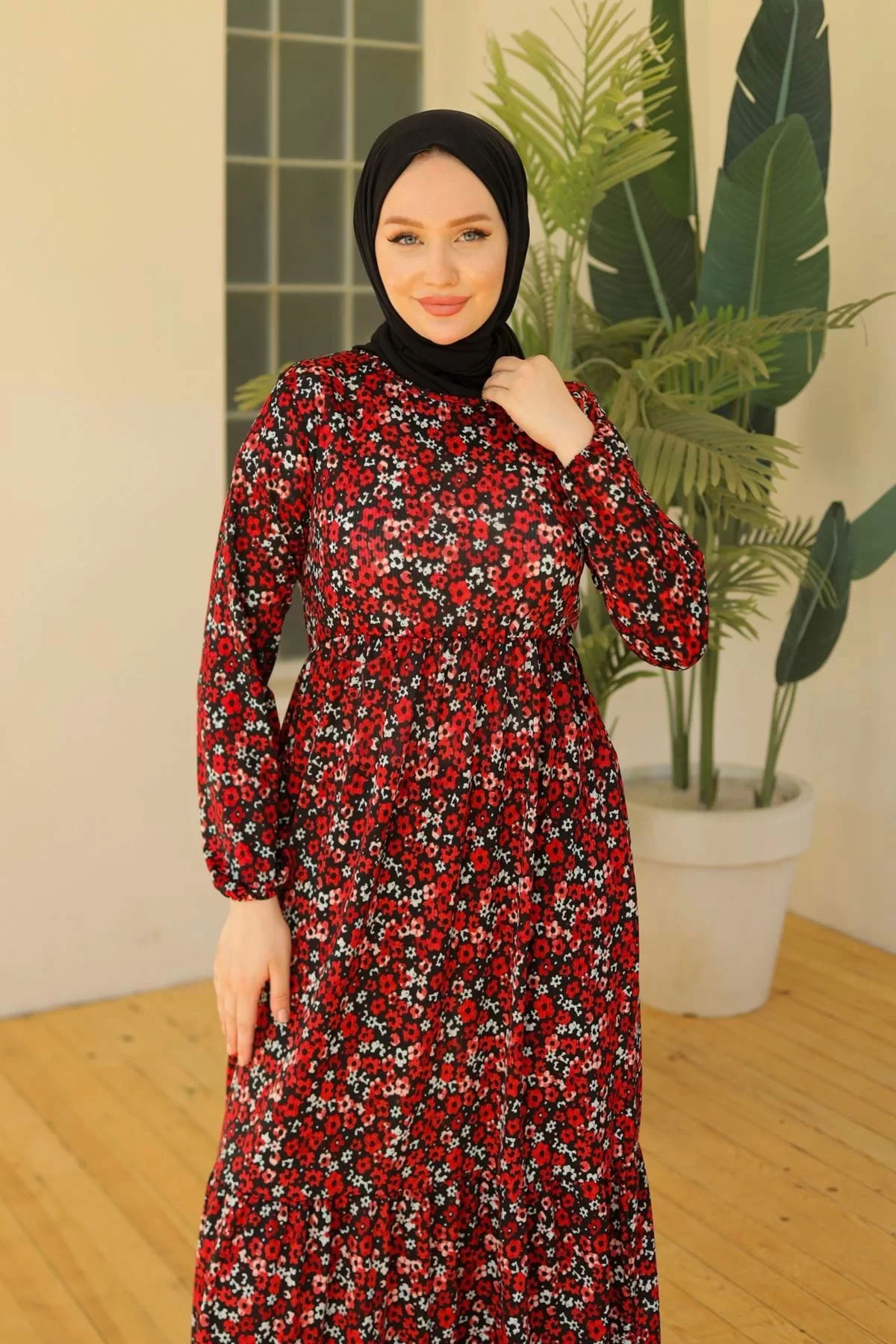 Patterned Lycra Knitted Dress BlackRed - 20390.1778.