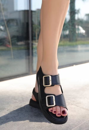 Waria Black Skin Double Buckle Sandals