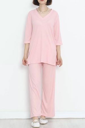 Fitted V-Neck Polyviscose Suit Pink - 903.1287.